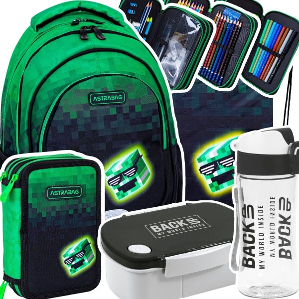 ZESTAW 5 el. Plecak wczesnoszkolny 16 L ASTRABAG MINECRAFT CREEP gra, PIXEL HERO (502024095SET5CZ)