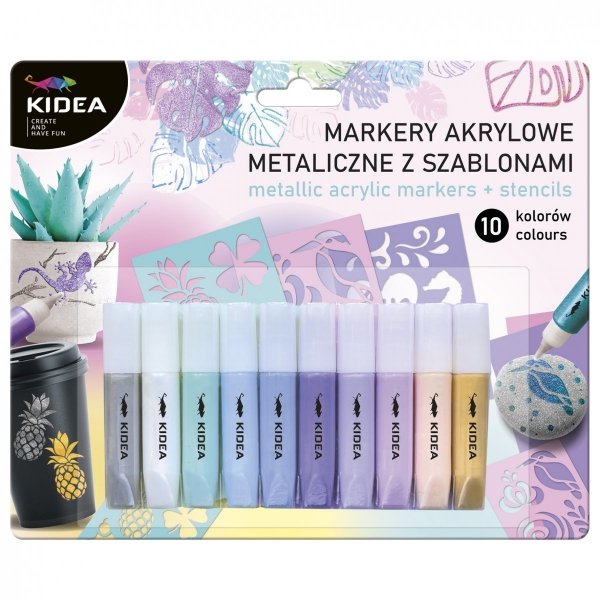 Markery akrylowe metaliczne 10 kolorów z szablonami KIDEA (MAM10KSKA)