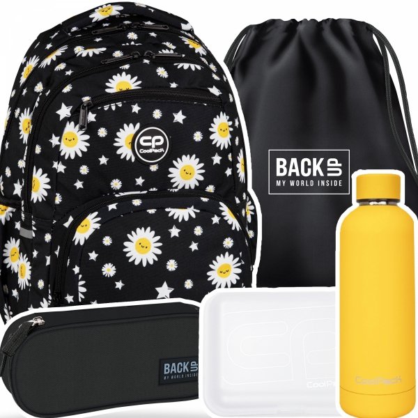 ZESTAW 5 el. Plecak CoolPack PICK  23 L stokrotki, DAISY BLACK (F099817SET5CZ)