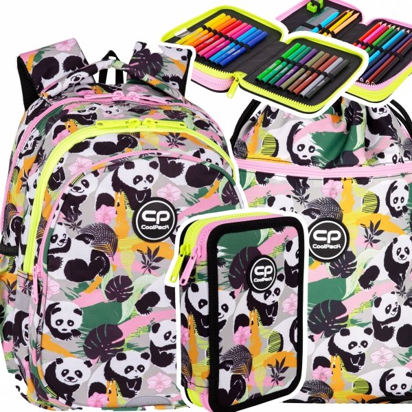 ZESTAW 3 el. Plecak wczesnoszkolny CoolPack JERRY 21 L pandy, PANDA GANG (F029829SET3CZ)