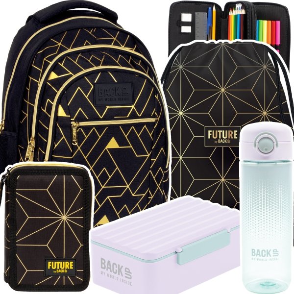 ZESTAW 5 el. Plecak szkolny młodzieżowy BackUP 26 L złote wzory, GEOMETRIC GOLD (PLB6O23SET5CZ)