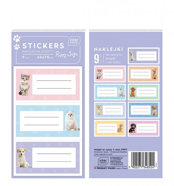 Nalepki naklejki na zeszyty PUPPY SIGN Kotek Piesek 9 sztuk (48524)
