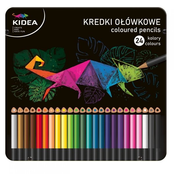 Kredki trójkątne ołówkowe w metalowym pudełku 24 kolory KIDEA (KTMP24KA)