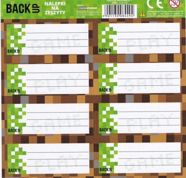 4x Nalepki na zeszyty BackUP GAME dla fana gry MINECRAFT (NNZB4A68SET4CZ)