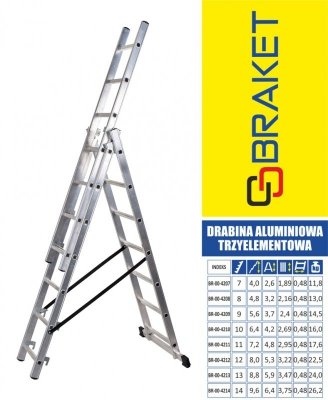DRABINA ALUMINIOWA 3-ELEMENTOWA 500CM 9+9+9 SZCZEBLI