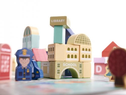 Klocki drewniane edukacyjne miasto puzzle 100el.