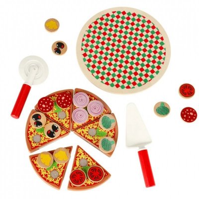 Pizza drewniany zestaw do zabawy na rzep  akcesoria łopatka nóż talerz nauka krojenia 20cm