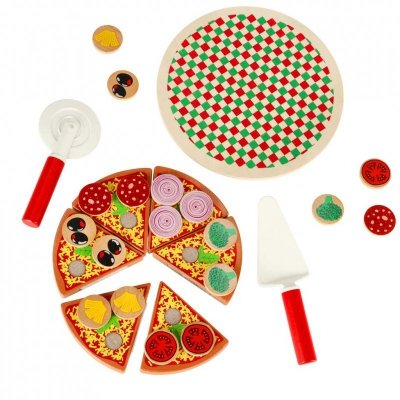 Pizza drewniany zestaw do zabawy na rzep  akcesoria łopatka nóż talerz nauka krojenia 20cm