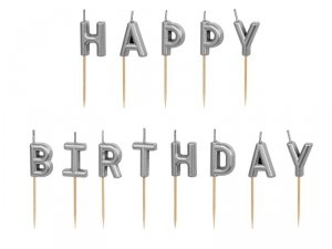 Świeczki urodzinowe Happy Birthday, 2.5 cm, srebrny (1 karton / 24 op.) (1 op. / 13 szt.)