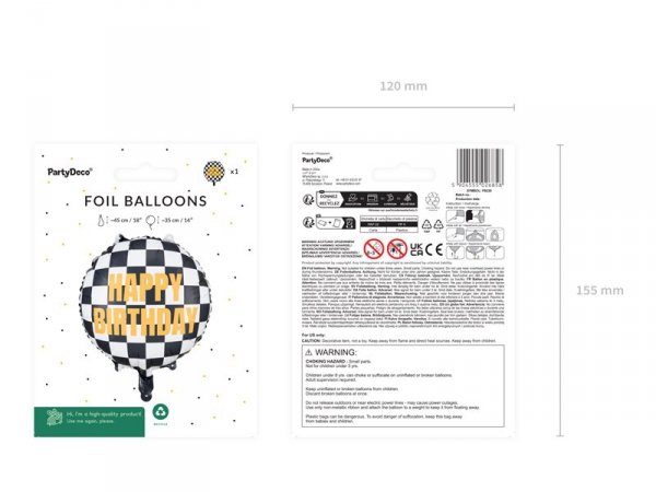 Balon foliowy Szachownica Happy Birthday, 45 cm, mix (1 karton / 50 szt.)
