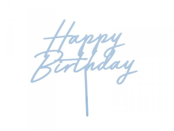 Topper akrylowy na tort Happy Birthday, mglisty niebieski, 16.5 cm
