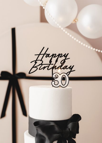 Topper akrylowy na tort Happy Birthday, czarny, 16.5 cm