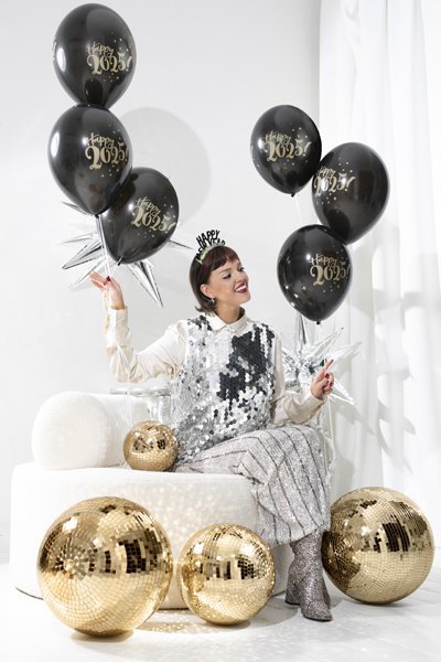 Balony 30cm, Happy 2025!, Pastel Black (1 op. / 6 szt.)