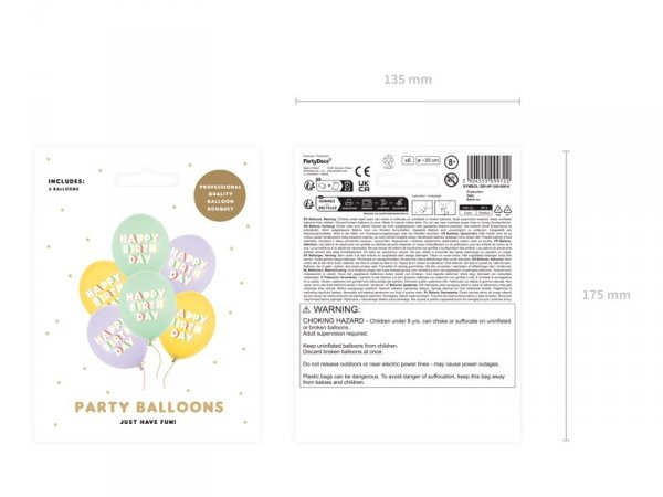 Balony 30 cm, Happy Birthday, mix (1 op. / 6 szt.)