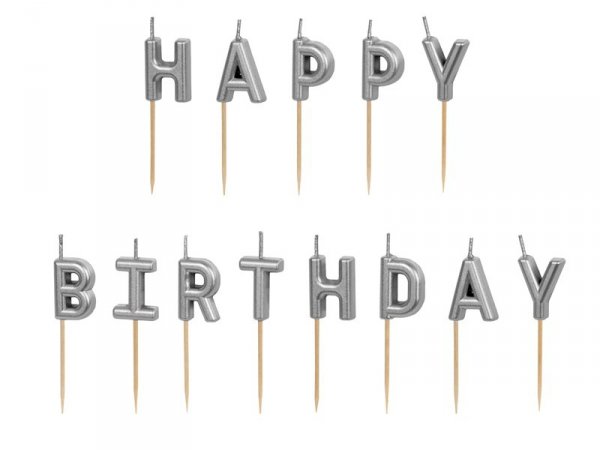 Świeczki urodzinowe Happy Birthday, 2.5 cm, srebrny (1 karton / 24 op.) (1 op. / 13 szt.)