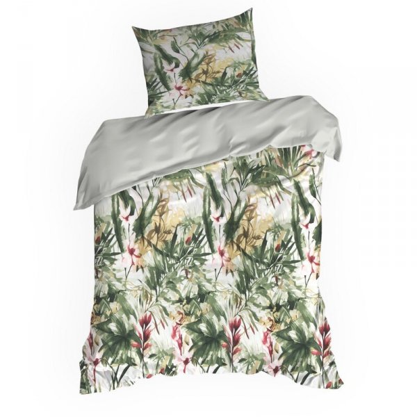 Pościel 160x200 cm bawełniana kolor biały, zielony z wzorem egzotycznych liści SPRING 43