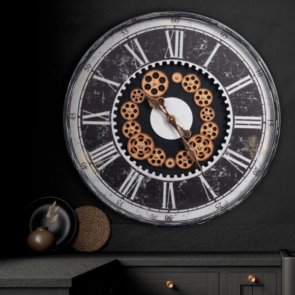 Dekoracyjny zegar ścienny w stylu shabby chic z ruchomymi kołami zębatymi