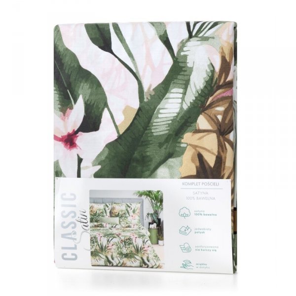 Pościel 160x200 cm bawełniana kolor biały, zielony z wzorem egzotycznych liści SPRING 43