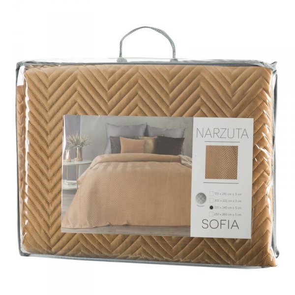 Narzuta SOFIA z miękkiego i matowego welwetu pikowana w jodełkę metodą hot press 220x240cm Miodowy