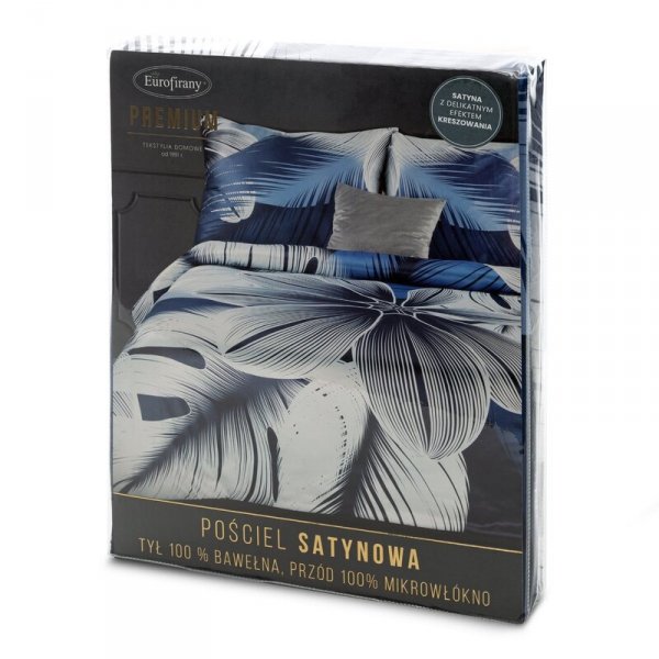 Pościel satynowa kreszowana 160x200 Premium 11 granatowa biała kwiaty liście palmy oryginalnie gnieciona nie wymaga prasowania Eurofirany