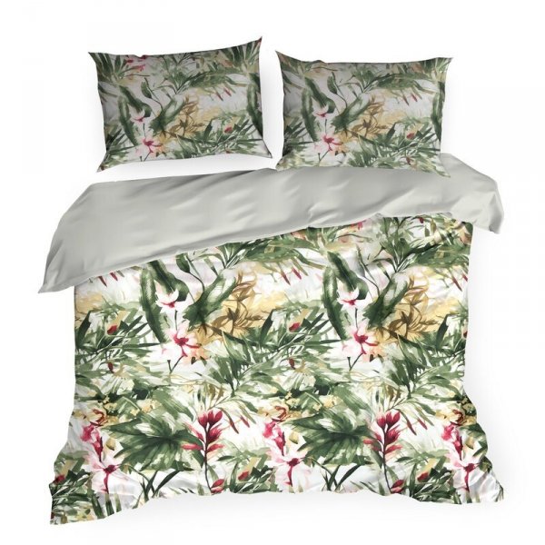 Pościel 160x200 cm bawełniana kolor biały, zielony z wzorem egzotycznych liści SPRING 43