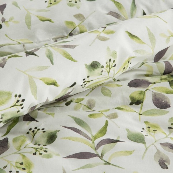 Pościel 220x200 cm bawełniana kolor biały, zielony wzór roślinny MILI