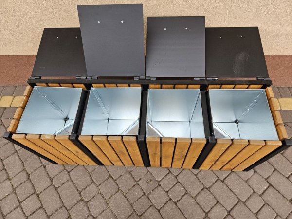 4 komorowy kosz parkowy miejski do segregacji odpadów z pokrywami metalowy drewniany ocynk 4 x 45L 
