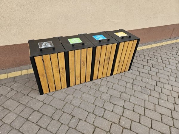 5 komorowy kosz parkowy miejski do segregacji odpadów z pokrywami metalowy drewniany ocynk 5 x 45L 