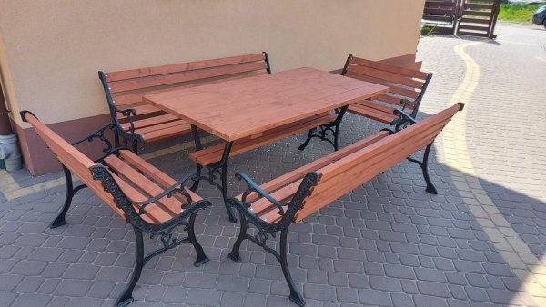 Zestaw żeliwny wzór Chiński ciężki stół i 4 ławki z podłokietnikami 175x90