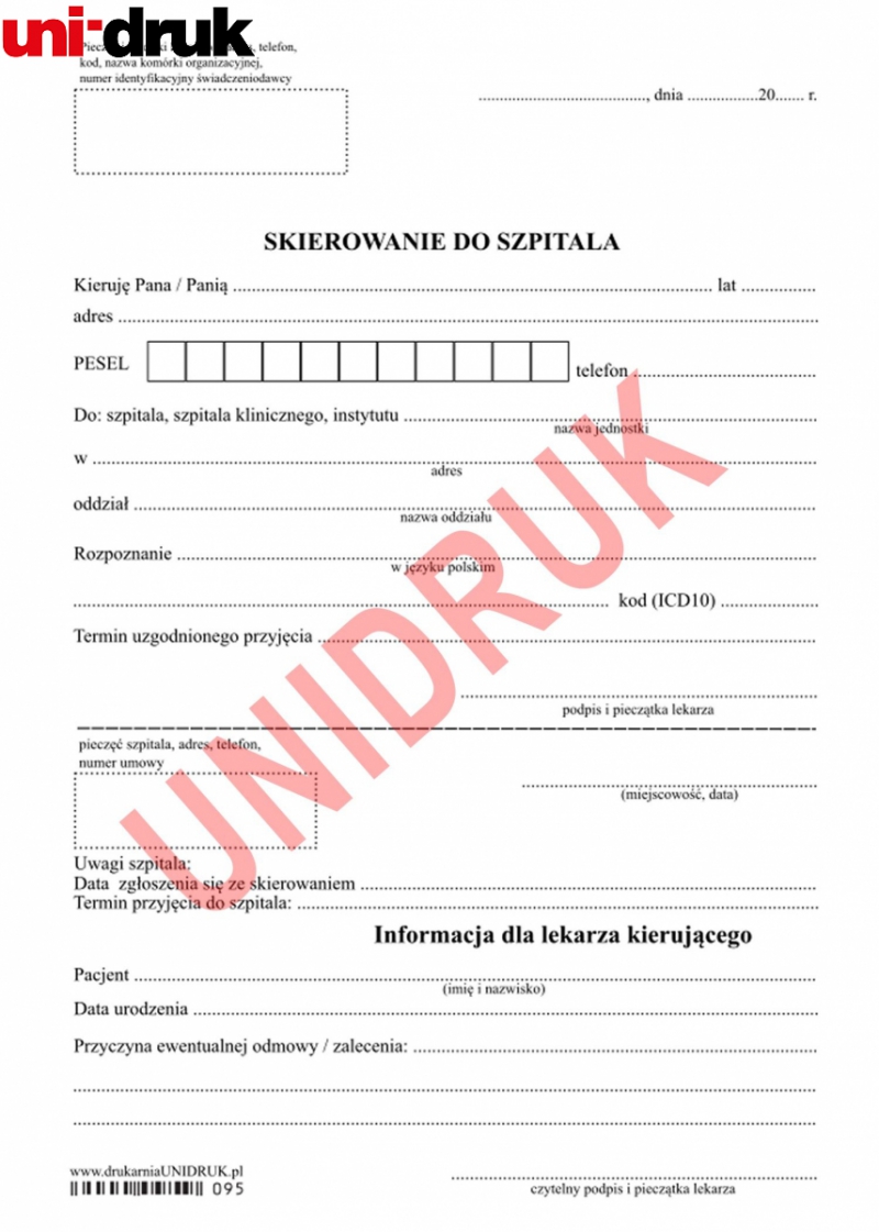 Skierowanie do szpitala A-5 - druk