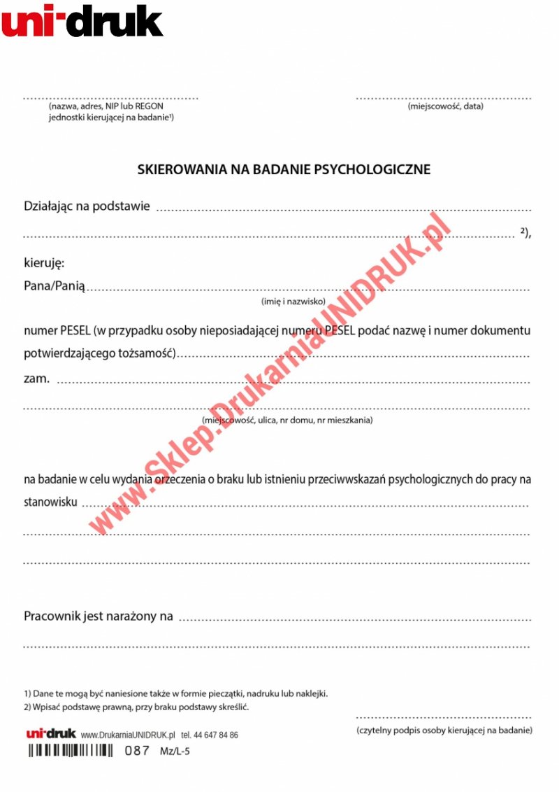 Skierowanie na badanie psychologiczne - z kopią - druk