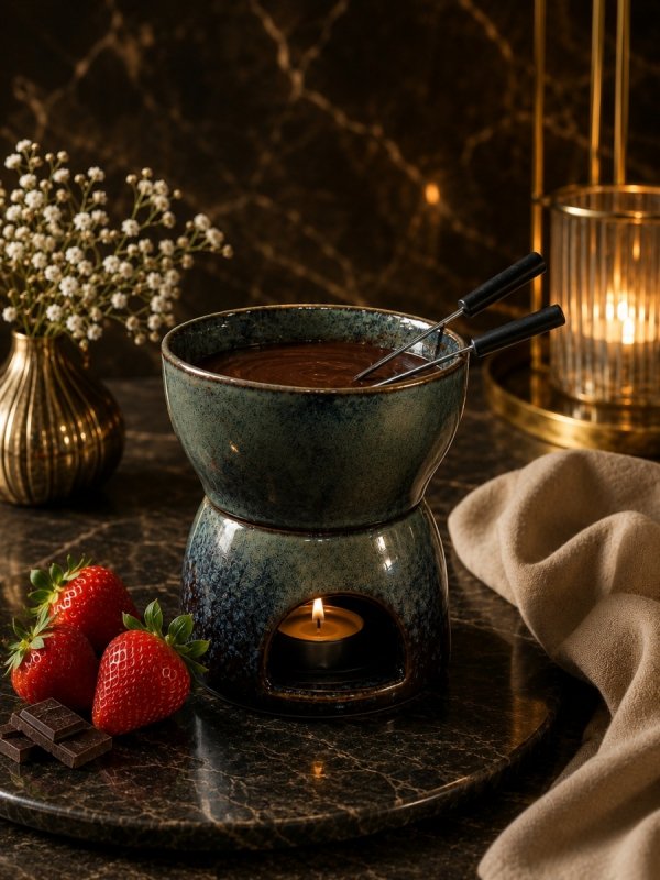 ZESTAW CERAMICZNY DO FONDUE DO TOPIENIA CZEKOLADY + WIDELCZYKI 4el