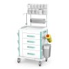 Wózek anestezjologiczny VITAL seria AVIT-41: blat aluminiowy z bandami, szafka z 4 szufladami, blat boczny wysuwany, 3 uchylne pojemniki z PLEXI, nadstawka na 11 poj. (5+6)