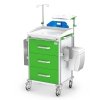 Wózek Vital reanimacyjny RVIT-30: szafka z 3 szufladami, blat boczny wysuwany, 2 szyny, pojemniki zużyte igły, kroplówka, półka pod defibrylator, uchwyt butli, deska RKO