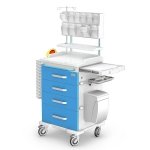 Wózek anestezjologiczny ANS-04/ABS: szafka z 4 szufladami, blat boczny wysuwany, nadstawka 11 poj., miska, 2 koszyki, pojemnik na zużyte igły, kosz na odpady 