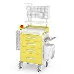 Wózek anestezjologiczny ANS-04/ST: szafka z 4 szufladami, blat boczny wysuwany, półka nadblatowa z ABS, nadstawka 11 poj., pojemniki na narzędzia i na zużyte igły, kosz na cewniki, kroplówka, kosz kolanowy, zamek centralny