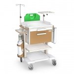 Wózek reanimacyjny OPTIMUM OR-1ABSb: szuflada głęboka, półka, blat roboczy wysuwany z przodu, pojemnik na narzędzia, podwójny pojemnik na cewniki, kroplówka, półka pod defibrylator, uchwyt do butli, deska do RKO
