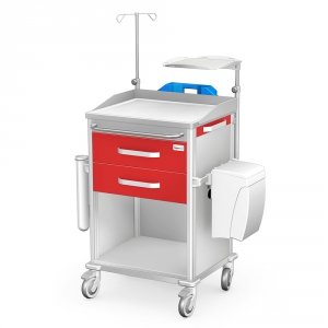 Wózek Vital reanimacyjny RVIT-2WO: blat stalowy z bandami, szafka z 2 szufladami, otwarta przestrzeń, blat boczny wysuwany, koszyk, kosz kolanowy, kroplówka, półka pod defibrylator, uchwyt butli, deska RKO