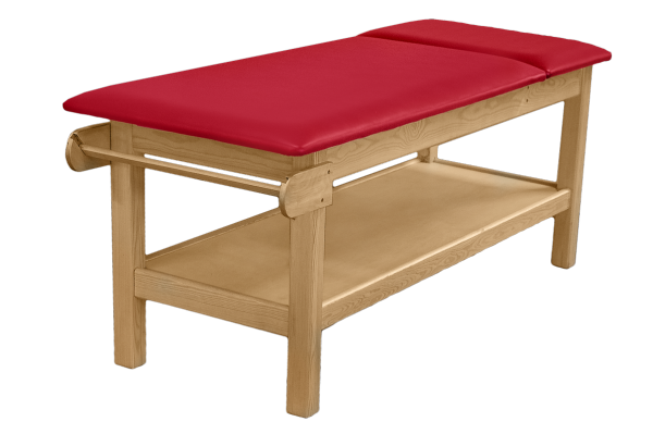 Drewniany stół rehabilitacyjny do fizykoterapii z regulowanym zagłówkiem i półką na akcesoria SR-Fp