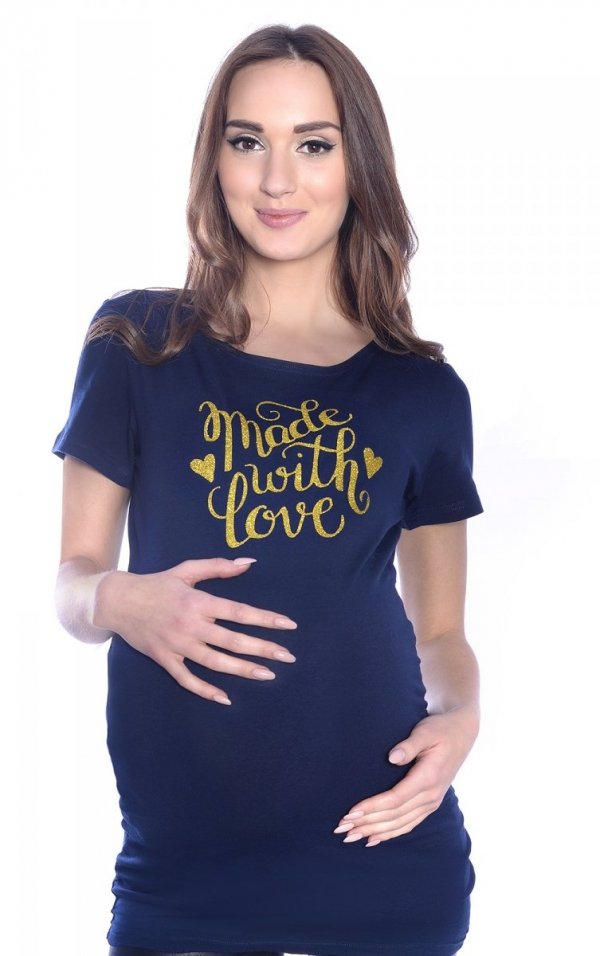 Komfortowy  T-shirt „Made with love” dla kobiet w ciąży 9080  granat
