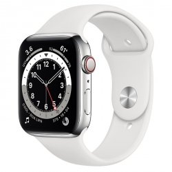 Apple Watch Series 6 44mm GPS + LTE (cellular) Stal nierdzewna w kolorze srebrnym z paskiem sportowym w kolorze białym