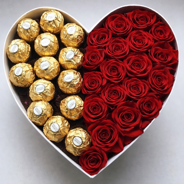  Box serce róże świeże, żywe i  Ferrero Rocher