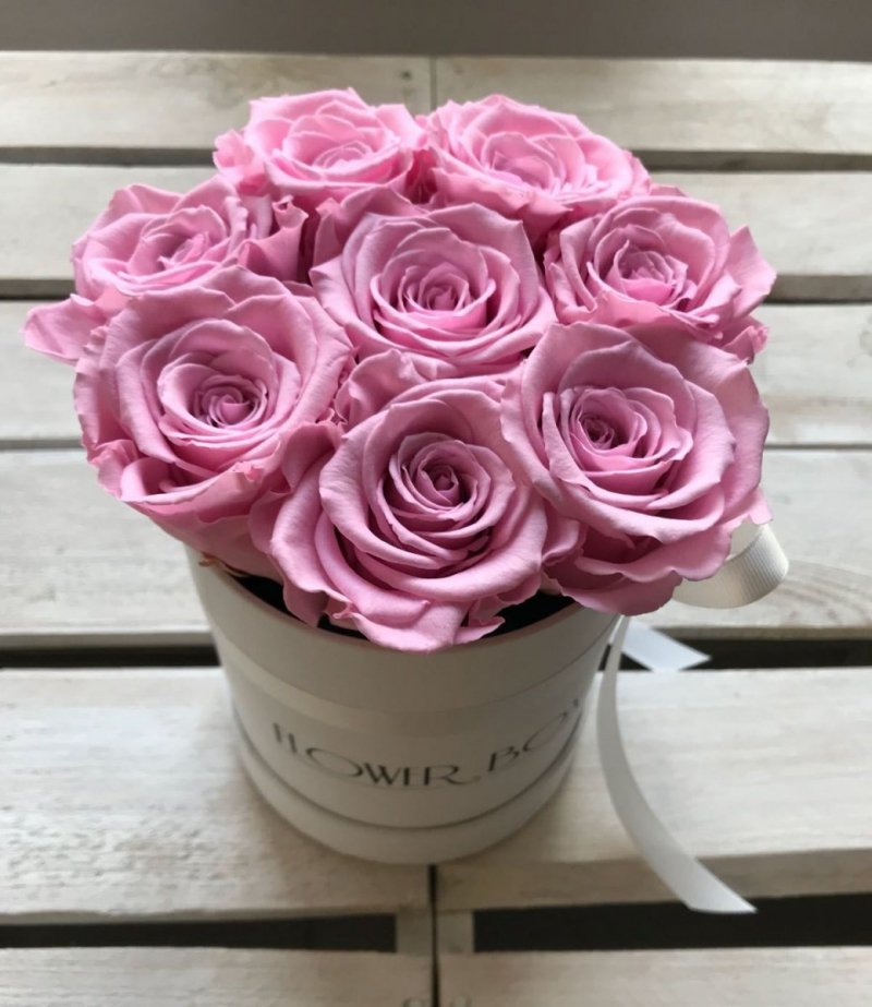 Różowe żywe WIECZNE róże w małym białym boxie