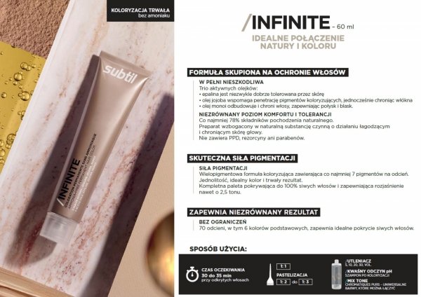 Profesjonalna Farba do włosów Subtil BEZ AMONIAKU trwale kryjąca 60 ml. INFINITE - Blond foncé irisé doré 6/23