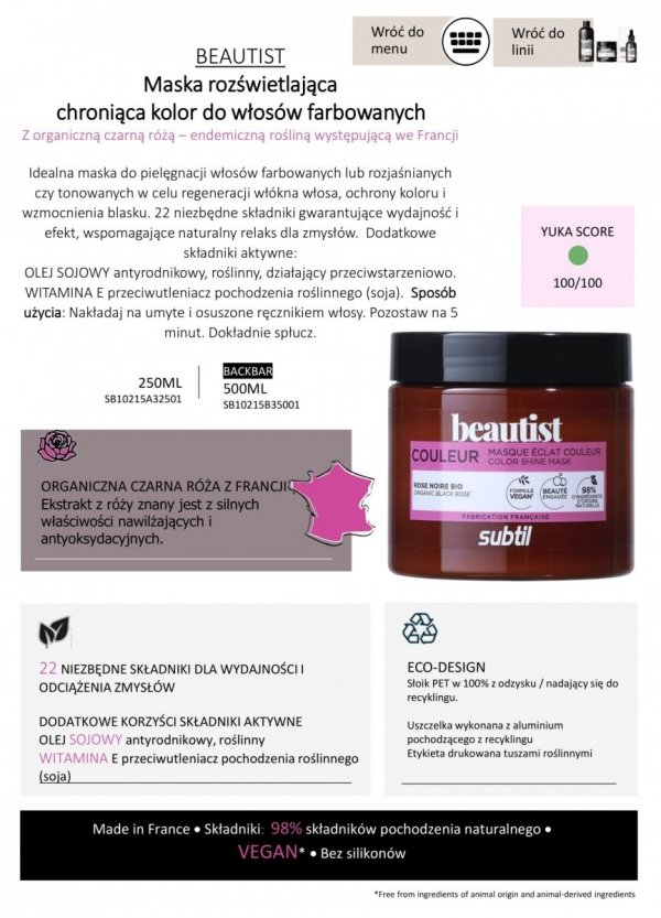 Beautist - Maska rozświetlająca chroniąca kolor 500 ml. Profesjonalna linia fryzjerska.