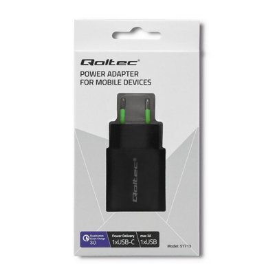 Qoltec Ładowarka sieciowa | 18W | 5-12V | 1.5-3A | USB typ C PD |       USB QC 3.0 | Czarna