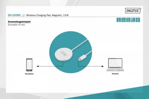 Digitus Ładowarka bezprzewodowa indukcyjna 15W MagSafe 1m USB-C Biała