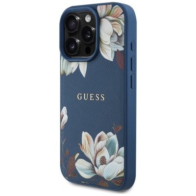 Guess Grained Printed Flower Pattern MagSafe - Etui do iPhone 16 Pro (niebieski)