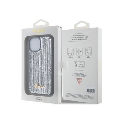Guess Sequin Script Metal - Etui iPhone 15 (srebrny)