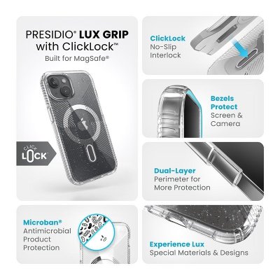 Speck Presidio Lux Grip ClickLock & MagSafe - Etui iPhone 16e / iPhone 15 / iPhone 14 / iPhone 13 (Clear / Platinium Glitter / C